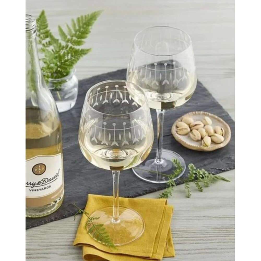 Set of 2 Harry & David etched Wine Glasses, 3.8 in Dia x 8.5 in H New Boxed